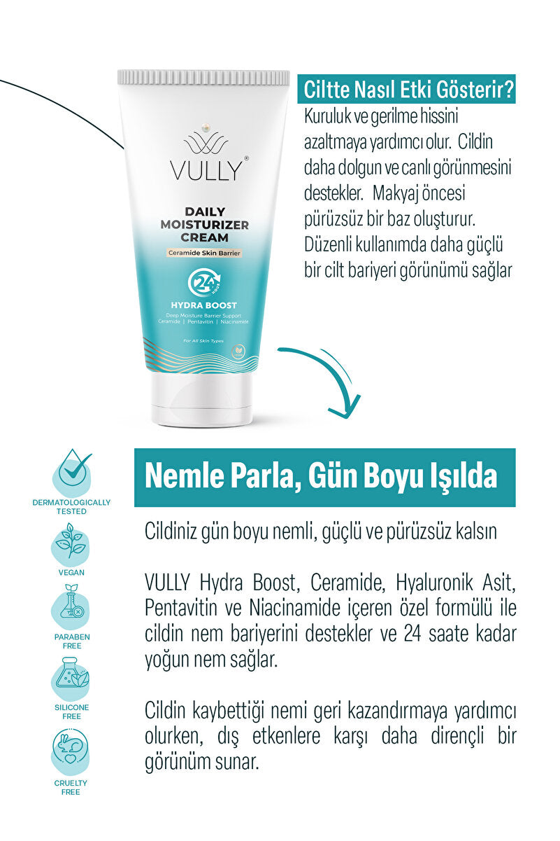 VULLY Su Bazlı Aydınlatıcı Cilt Tonu Eşitleyici Bariyer Onarıcı 24 Saat Nemlendirici Yüz Kremi 50 Ml