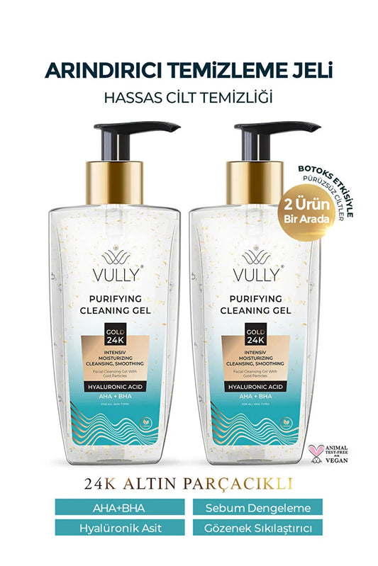 VULLY 2pcs 24k Gold Particles Purifying Moisturizing Pore Shrinking Facial Cleanser Gel 200ml