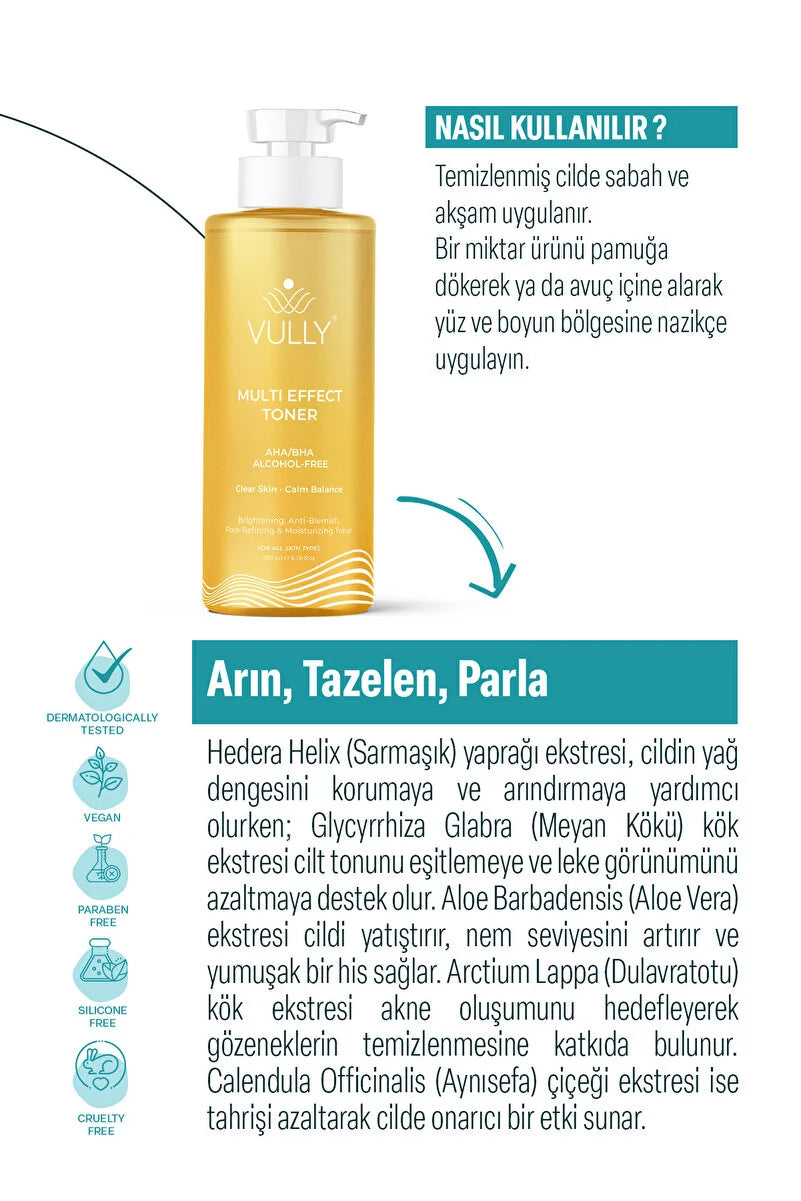 VULLY Alcohol-Free Multi-Effect Tonic for Pore Contraction-Image Enhancement-Blemishes-Acne-Hydration 200ml