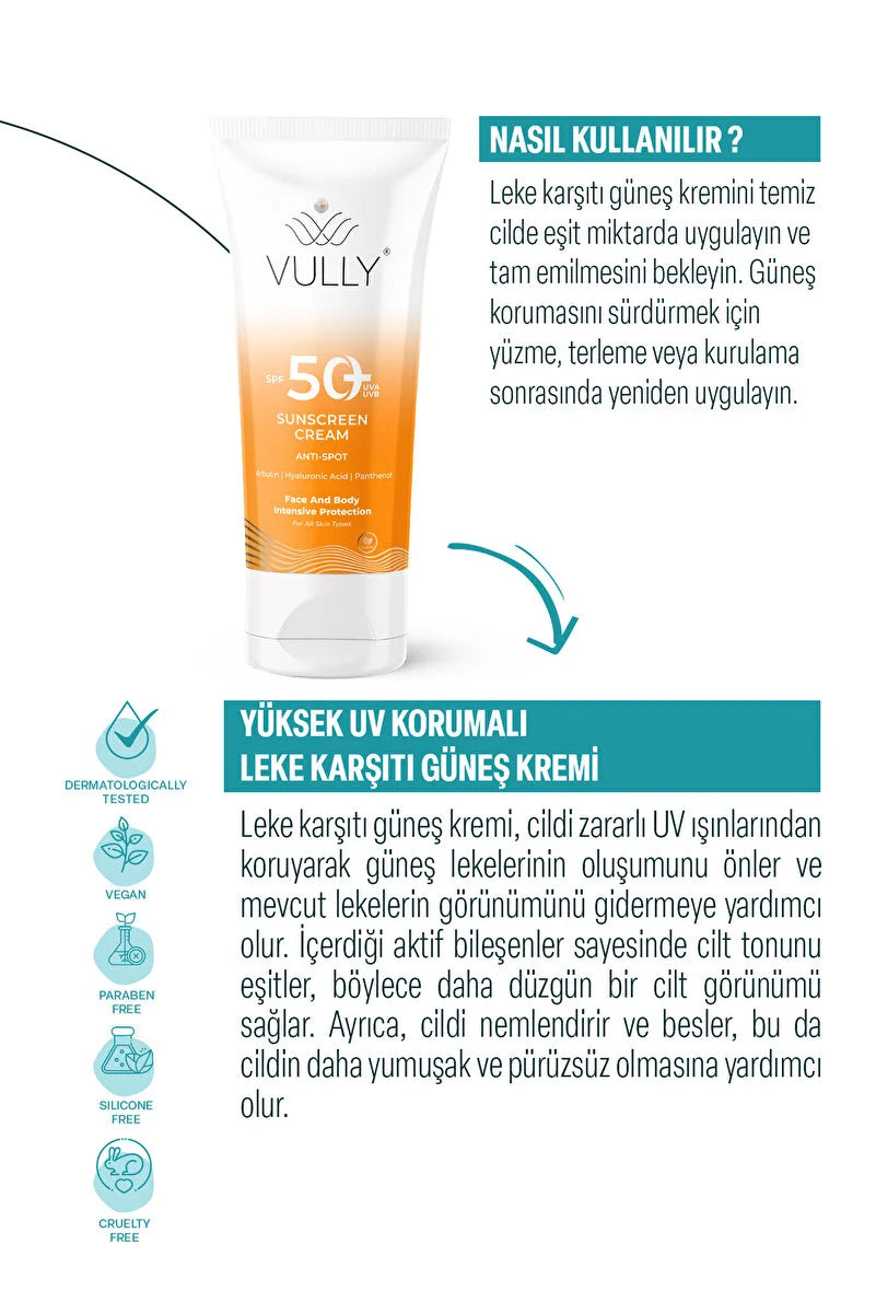 VULLY Anti-spot - Brightening and Moisturizing High Protection SPF+50 Face and Body Sun Cream 50ml