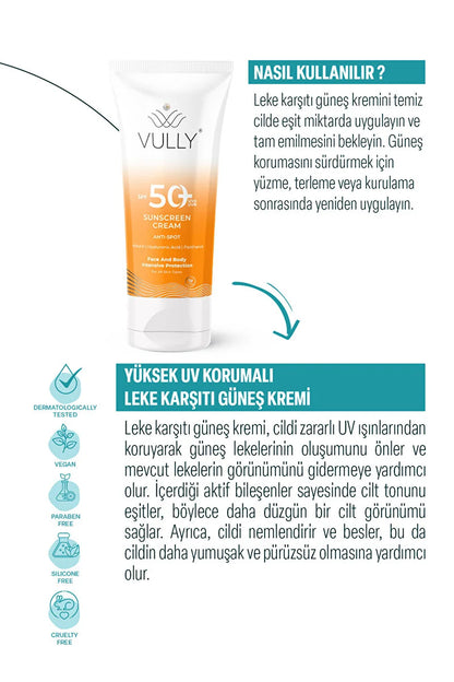 VULLY Anti-spot - Brightening and Moisturizing High Protection SPF+50 Face and Body Sun Cream 50ml